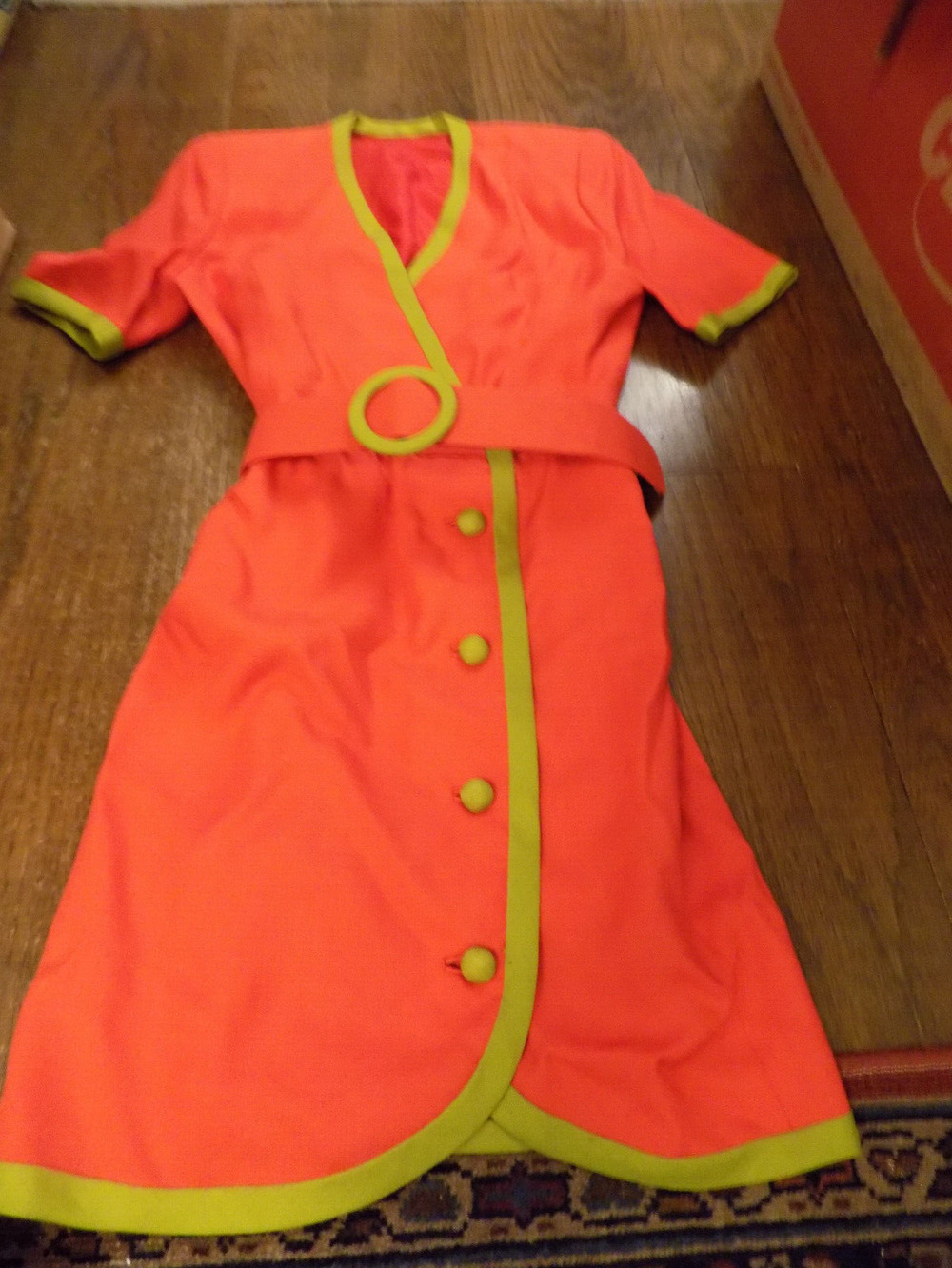 Vtg Stanley Platos Martin Ross Dress Wrap Button Red Olive Piping trim Belted 6